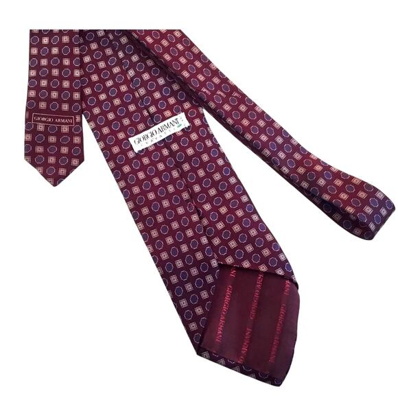 Giorgio Armani Cravatte Tie Wine Red Pattern Square Circle Blue Gold - Picture 3 of 4